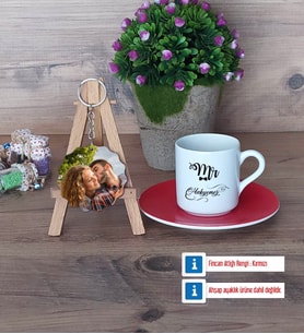 Eşe Hediye Mr Türk Kahvesi Fincanı Ahşap Altlıklı ve Fotoğraflı Ahşap Anahtarlık Hediye Yıl Dönümü Hediyesi (Model 3)