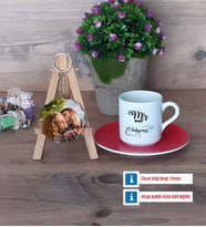 Eşe Hediye Mr Türk Kahvesi Fincanı Ahşap Altlıklı ve Fotoğraflı Ahşap Anahtarlık Hediye Yıl Dönümü Hediyesi (Model 3)