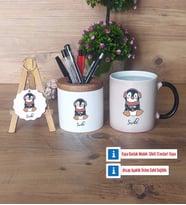 Tatlı Penguen Hediye Sepeti Kalemlik, Kupa Bardak Sihirli, Ahşap Anahtarlık Hediye (Model 1)