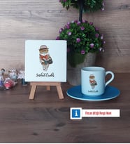 Baykuş Dekoratif Taş, Türk Kahvesi Fincanı Kırmızı İsme Özel Hediye (Model 3)