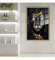 Metal Çerçeveli Cam Tablo Şimşekli Gold Aslan Portresi (Gold)