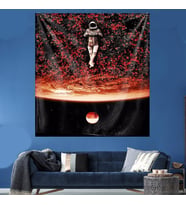 Dünyadan Uzak Astronot Çiçek Leke Tutmaz Kadife Dokulu Kumaş Duvar Örtüsü Duvar Halısı Tapestry (Kırmızı-Siyah)