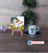 Kadın Öğretmene Hediye Fotoğraflı Dekoratif Taş, Ahşap Altlıklı Türk Kahvesi Fincanı Hediye (Model 7)