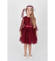 Kız Çocuk Şapkalı Ve Tül Dantel Trend Abiye Elbise Ak2228 (Bordo)