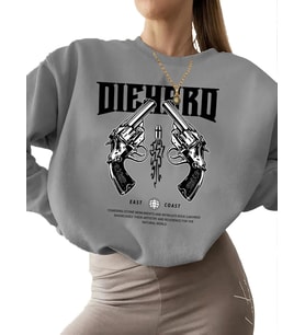 Sweatshirt bisiklet yaka 3 iplik şardonlu Sweatshirt unisex Bej kadın Ölümsüz tabanca Baskılı kalın (Gri)