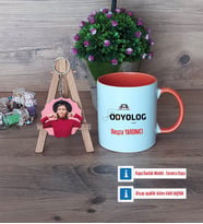 Odyolog Kupa Bardak Beyaz ve Fotoğraflı Ahşap Anahtarlık Hediye (Model 13)
