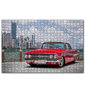Cakapuzzle Kırmızı Chevrolet Impala ve Gökdelenler  Puzzle Yapboz MDF (Ahşap) (500 Parça)