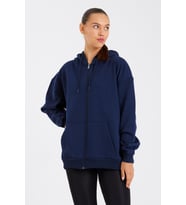 mmetalic Kanguru Cepli Kapüşonlu Fermuarlı Içi Pamuklu Oversize Kadın Sweatshirt (Lacivert)