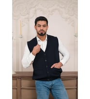 Woolen World Regular Fit Ön Cepli Kolsuz Erkek Triko Yelek (Lacivert)