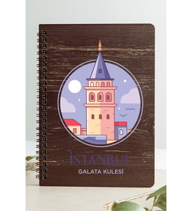 İstanbul Galata Kulesi Şehir Tasarım Ahşap Kapaklı Özel Defter Kraft Kâğıt (Gri - Siyah - Beyaz)