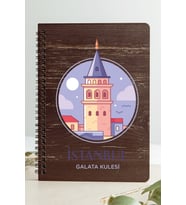 İstanbul Galata Kulesi Şehir Tasarım Ahşap Kapaklı Özel Defter Kraft Kâğıt (Gri - Siyah - Beyaz)