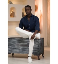 Dorss Slimfit %100 Linen (Ham Keten) Uzun Kol Yaka Düğmeli Yazlık Gömlek  (Lacivert)