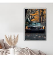 Metal Çerçeveli Temperli Cam Tablo Sonbahar ve Klasik Mercedes (Gümüş)