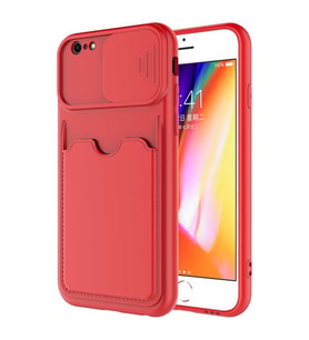 Apple iPhone 6 Kılıf Deri Görünümlü Kartlıklı Kamera Korumalı (Kırmızı)