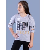 Toontoy Kız Çocuk Kolları Kesik Detaylı Baskılı Tişört ( Gri-Melanj)