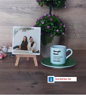 Arkadaşa Hediye Fotoğraflı Dekoratif Taş, Ahşap Altlıklı Türk Kahvesi Fincanı Hediye (Model 9)
