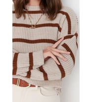 Stil Modern Kadın Crop Düşük Kol Bisiklet Yaka Basic Çizgili Triko Kazak (Taş)