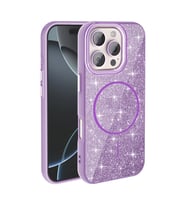 iPhone 16 Pro Max Kılıf Magsafe Şarj Özellikli Parlayan Simli Okso Kılıf (Koyu Mor)