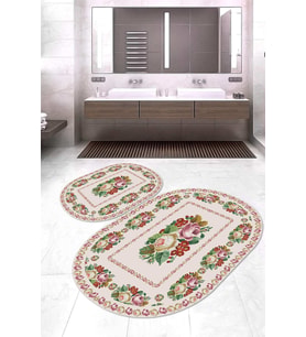 Dijital Baskılı Kaymaz Taban Yıkanabilir Oval 2'li Klozet Takımı Banyo Paspası NOKZ-SD-402 (Bej)