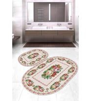 Dijital Baskılı Kaymaz Taban Yıkanabilir Oval 2'li Klozet Takımı Banyo Paspası NOKZ-SD-402 (Bej)