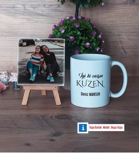 Kuzene Hediye Fotoğraflı Dekoratif Taş, Kupa Bardak Beyaz Hediye (Model 1)