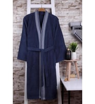 %100 Pamuk Jakarlı Gri Kimono Bornoz (Lacivert)