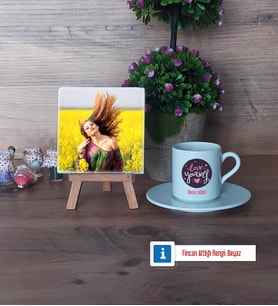 Love Yourself Fotoğraflı Dekoratif Taş, Ahşap Altlıklı Türk Kahvesi Fincanı Hediye (Model 2)