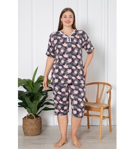 X-Dreamy Büyük Beden Viskon Çiçekli Düğmeli Yaka Kapri Pijama Takımı (Lacivert)