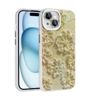iPhone 14 Kılıf Çiçek Desenli Parlak Taşlı Sert Silikon Garden Kılıf (Beyaz)