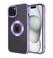 Apple iPhone 15 Kılıf Logo Yeri Açık Kamera Lens Korumalı Renkli Kenarlı Şeffaf Silikon (Lila)