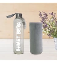 Kişiye Özel Peluş Kılıflı Cam Matara 750 Ml (Gri)