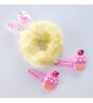 MAGRİB tavşan kulaklı lastikli peluş toka ve sevimli figürlü ikili çıtçıt toka (Sarı)