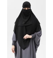 Hazır Pratik Şifon Üç Katlı Peçeli Üçgen Hac Umre Şalı Sufle Hijab Nikap (Siyah)