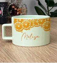 Kişiye Özel İsim Yazılı Hediye Pastel Fincan Meyveli Portakal Desenli (Yeşil)