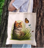 BK Gift Kedi Tasarımlı Kanvas Bez Çanta, Baskılı Omuz Çantası, Alışveriş Çantası, Plaj Çantası, Arkadaşa Hediye- (Model 5)