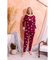 Kapüşonlu  Kışlık Kadın Peluş Polar Pijama Takımı - Yeni Yıl Pijaması (Mürdüm)