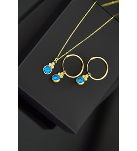 Papatya Silver 925 Ayar Gümüş Mavi Opal Yuvarlak Kolye Ve Çift Halka Küpe (Altın)