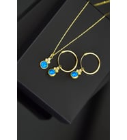 Papatya Silver 925 Ayar Gümüş Mavi Opal Yuvarlak Kolye Ve Çift Halka Küpe (Altın)