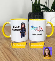 Kişiye Özel Karikatürlü Polis Hediye Kupa Bardak Kadın Polise Polisler Günü Hediyesi (Sarı)