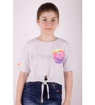 Toontoy Kız Çocuk Instagram Baskılı Göbekten Bağlamalı Tişört ( Gri-Melanj)