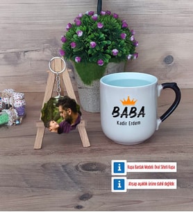 Babalar Günü Hediyesi Kupa Bardak Beyaz ve Fotoğraflı Ahşap Anahtarlık HediyeBabaya Hediye (Model 10)
