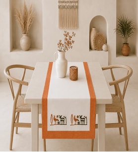 Etnik Baskılı Runner, Konsol, Sehpa Örtüsü-Naturel&Kiremit