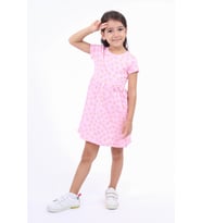 Toontoy Kız Çocuk Bel Kurdela Detaylı Komple Baskılı Elbise (Açık Pembe)