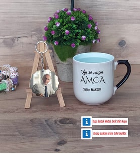Amcaya Hediye Kupa Bardak Beyaz ve Fotoğraflı Ahşap Anahtarlık Hediye (Model 10)