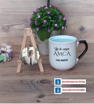 Amcaya Hediye Kupa Bardak Beyaz ve Fotoğraflı Ahşap Anahtarlık Hediye (Model 10)