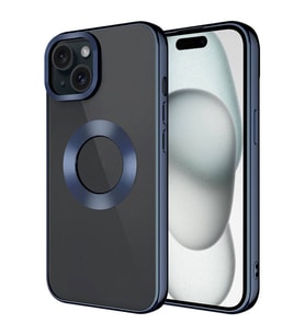 iPhone 15 Plus Kılıf Tek Kamera Çerçeveli Logo Gösteren Omega Kılıf (Lacivert)