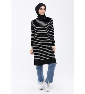 Kadın Çizgili Uzun Triko Tesettür Tunik 4355 (Siyah)