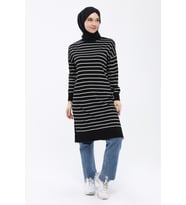 Kadın Çizgili Uzun Triko Tesettür Tunik 4355 (Siyah)