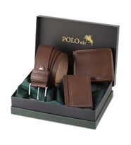 Polo Air Erkek Set Kemer Cüzdan Kartlık Kombin Hediyelik Kutusunda Siyah Set M-12 (Kahverengi)