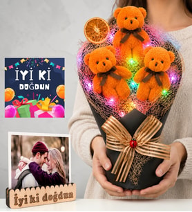 Doğum Günü Hediyesi Renkli Led Işıklı Fotoğraflı Turuncu Peluş Ayıcıklı Büyük Boy Ayıcık Buketi